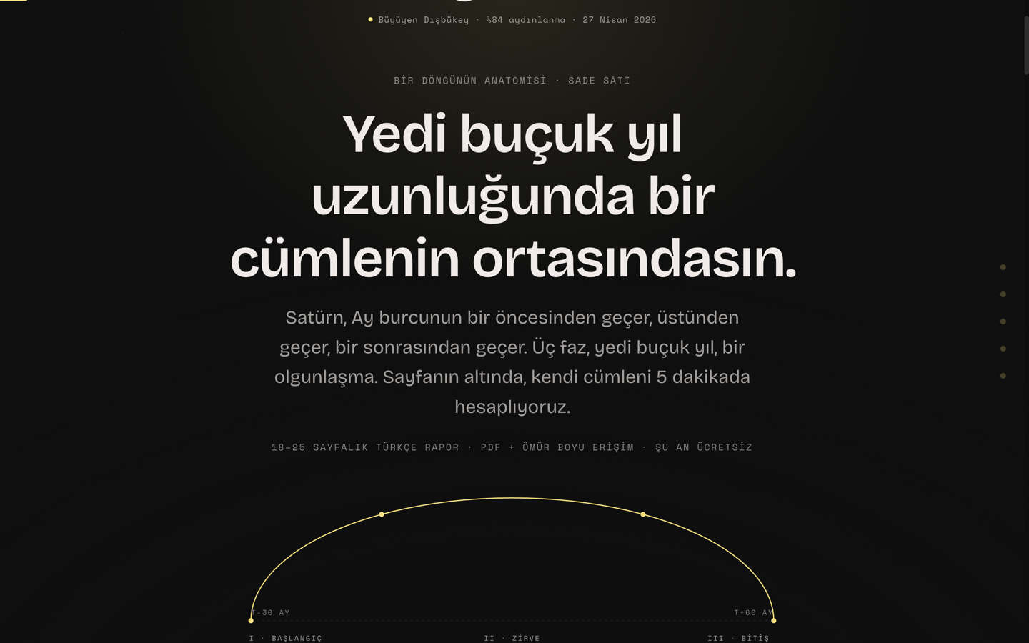 Лендинг Jyomi: вордмарк с живой Луной и заголовок «Yedi buçuk yıl uzunluğunda bir cümlenin ortasındasın»